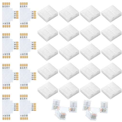 28 Packs Connecteurs Ruban LED RGB 4 Broches 10mm pour Bandes RGB SMD 5050, Connecteur LED 4 Pin 10mm avec 20 Clips Ruban Lumineux et 8 Raccords en T, Pour...