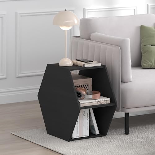 Image of Furinno Simple Design Coffee Table, Hexagon Modern Center Table with Open Shelf, Vertical or Horizontal Side Table, for Living Room, Bedroom, Home Office, Americano