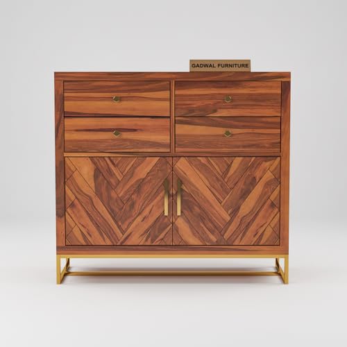 Image of Solid Sheesham Wooden Sideboard Cabinet with 4 Drawer & 2 Shelves - Chest of Drawers Wooden Drawer Storage Cabinet for Bedroom Living Room Storage (Owan, Honey Finish)