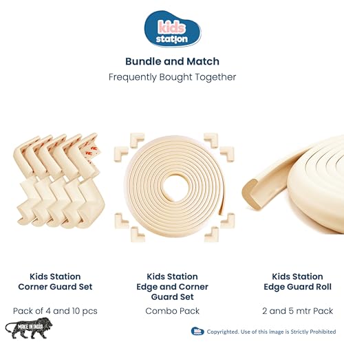 Image of Kids Station Baby Proofing Edge Protector for Kids Safety, Made in India Rubber Edge for Sharp Furniture Edges and Corners, A Baby Safety Product (Combo Packs, 5mtr + 8, L- Shape, Beige)