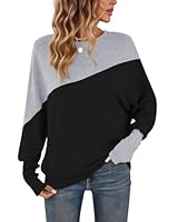 WNEEDU Langarmshirt Damen Rundhalsausschnitt Patchworkfarbe Herbst Sweatshirt Enge Manschetten Pullover Damen Schwarz Hellgrau M