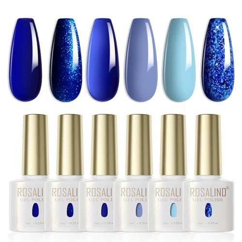 ROSALIND Esmaltes Semipermanentes Para Uñas,6 Colores Azul Marino Azul Lago Azul azul pálido Glitter,Pintauñas Semipermanentes Soak Off UV/LED Gel Uñas Diy Manicura Nail Art Set