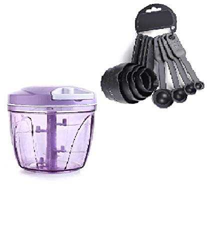 TAKSH ENTERPRISE Handy Big Plastic Chopper with 5 Blades, Combo - 8Pcs Black Measuring Cups and Spoons Set,Kitchen Tools,Vegetable Chopper,Hand Chopper (Multi-Colour)