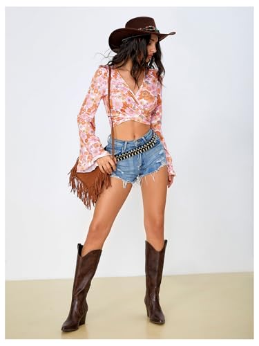 Verdusa Women's 70s Floral Print V Neck Tie Back Bell Sleeve Wrap Crop Top Blouse3