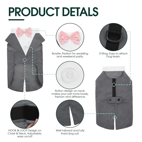 Kuoser Hund Smoking Anzug & Bandana Set, Haustier Fomal Kleidung Hunde Mantel mit Abnehmbarer Fliege, Hundeanzug Welpe Kostüm Shirt für Hochzeit Halloween Geburtstag Party, S-XXL