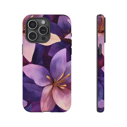 Coque iPhone 15 Pro Max motif floral violet et doré rigide mate premium