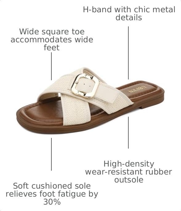Image of UBFEN Womens Square Toe Flat Sandals Slides Dressy Comfortable for Beach