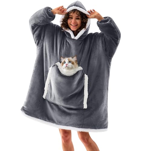 JOYWOO Wearable Blanket Hoodie, Birthday Gifts for Women Men Mom, Oversized Hooded Blanket for Adult, Cozy Fuzzy Sherpa Sweatshirt Blanket with Giant Pocket and Winter Gifts, Grey