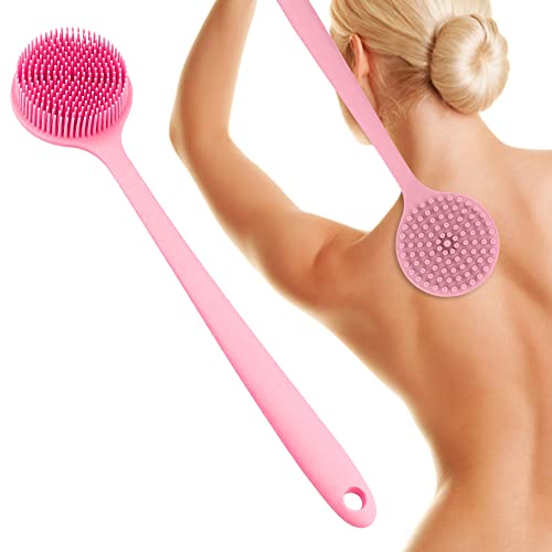 DaiDom Improved Silicone Body Brush 2nd Gen Back Scrubber for Shower with Long Handle Silicone Shower Brush Silicone Scrubber Body (Pink)