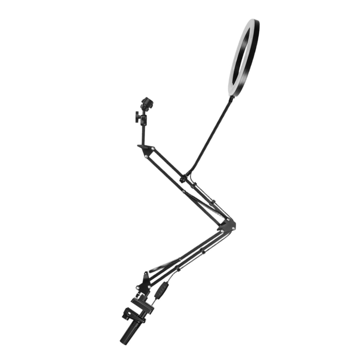 Soporte para móvil ajustable con clip resistente de escritorio y luz para transmisión 8