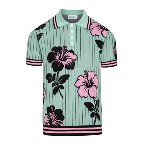 OXKNIT Camisa Polo de Algodón para Hombre Manga Corta Estilo Retro con Estampado Floral Rosa y Rayas Verdes con Cuello y Botones