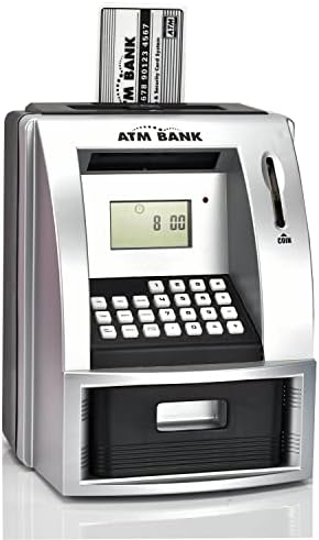 ATMBnk ATM Savings Bank for Real Money, Mini ATM Machine with Debit Card, Electronic Cash Box with Password Lock, Coin Recognition,Targets Setting, Voice Prompt, Great Gift for Kids (Black)