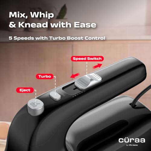 Image of Curaa Hand Mixer 300 Watts for Baking | 5 Speed Control with Turbo Mode | Electric Egg Beater with Whisk & Dough Hooks | Handheld Mixer for Cake, Cream, Dough, Buttermilk & Whipping | Black