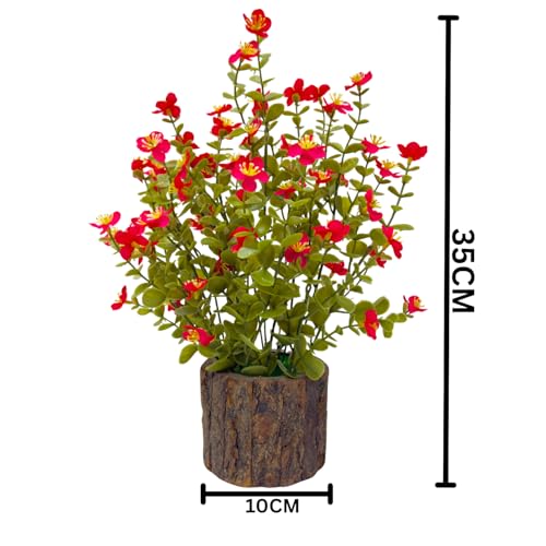 Image of Dekorly Artificial Flower Fern Bush in Rustic Wood Pot|35 cm - Lifelike Blossom Faux Plant for Home & Office Decor (Red)