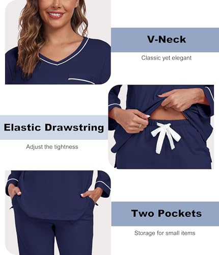 ANLIQI 100% Cotton Pajamas for Women Long Sleeve V Neck Top and Pant Sleepwear Loungewear Pjs Sets 2 Piece Pjs with Pockets4