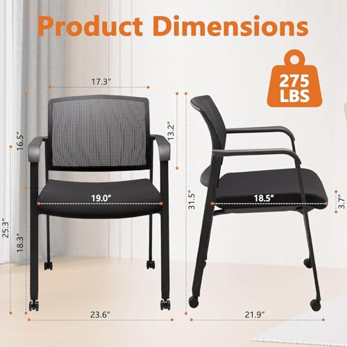 Image of CLATINA Rolling Conference Chairs, 2 Pack Stackable Chairs with Wheels and Paddle, Ergonomic Mesh Back and Arms for Meeting, Conference, Training Room & Home Office (Black)