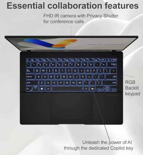 Image of ASUS Vivobook S 14 AI Laptop (14 inch FHD+ OLED, Intel Core Ultra 7 258V, 32GB DDR5, 1TB SSD, Arc 140V GPU), Copilot+ PC, 2x Thunderbolt 4, Backlit, IR Webcam, Wi-Fi 7, Ultra-slim and light, Win 11 Home