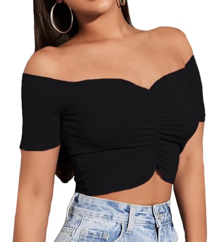 LYANER Women's Off Shoulder Ruched Short Sleeve Rib Knit Sexy Crop Top Blouse