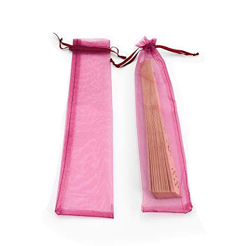 50Pcs Organza Hand Fan Bags, 2x10 Inches Folding Fan Drawstring Mesh Organza Gift Pouch for Wedding Party Bridal Shower Favor Bags (Wine)