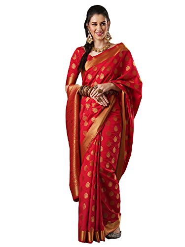 Image of AKHILAM Women's Floral Silk Blend Woven Design Saree With Unstitched Blouse Piece (Red 2RAWS9030 WBG)