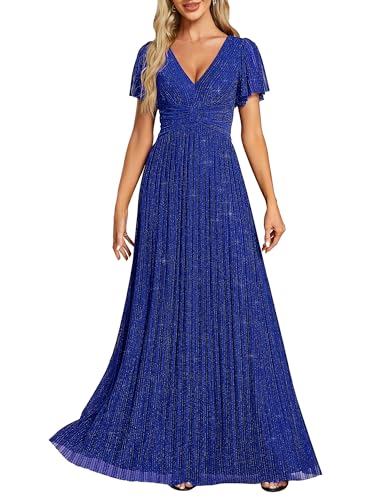 Image of Ever-Pretty Women's V-Neck Glitter Formal Dresses Pleated Short Sleeves Floor Length A-Line Mother of Bride Dress 11961