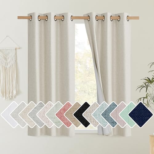 NICETOWN Natural Linen Complete Blackout Curtains 54 inches for Kids Room, 2 Panels, Thermal Insulated & Noise Reducing Window Draperies with White Liner, Noise Reducing Short Drapes