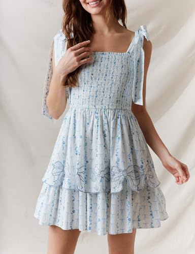 Image of Women Tie Shoulder Mini Dress Floral Ruffle Babydoll Dress Boho Square Neck Sundress Cute Summer Dresses