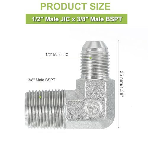 Image of PATIKIL 90 Degree Pipe Adapter, 1 /2 inch Male 37 Flare JIC x 3 /8 inch BSPT Male Connector Carbon Steel Elbow Fitting for Air Hydraulic Fluid Fuel Water Oil, Silver