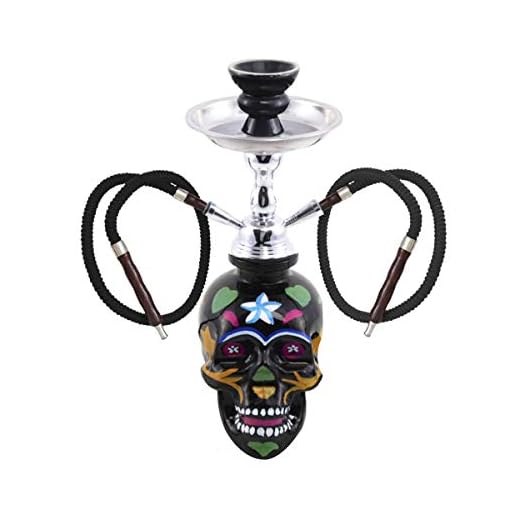 MADGROW. Cachimba Catrina. Calavera de Cristal Negra. Shisha de 30 cm. 2 mangueras. SÚPER Pack: 5 boquillas XXL + Pinzas/perforador + sartén + Cepillo.