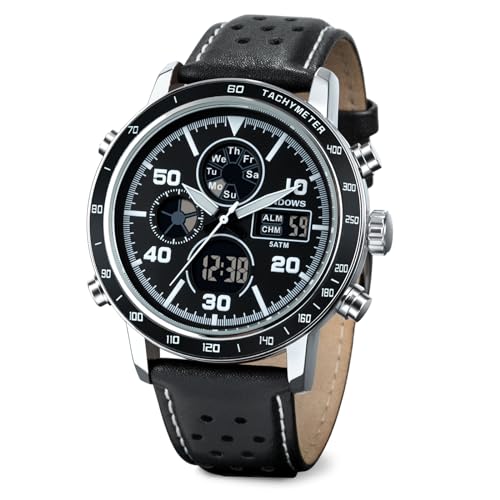 PINDOWS Watches for Men, Men Military Digital Analog Casual Dual Time Leather Wristwatch Multifunctional Fashion Watch with LED Backlight Alarm Stopwatch Calendar