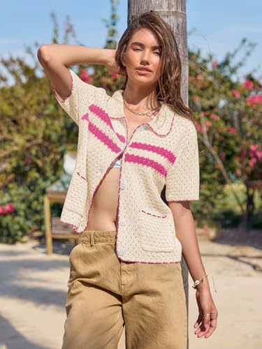 Image of Yousify Womens Casual Summer Short Sleeve Sweaters Button Down Crochet Knit Tops 2026 Loose Cute Cardigan Sweater
