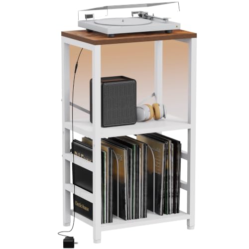 YAKANJ Mesa auxiliar con luz LED, soporte para tocadiscos con almacenamiento de álbumes, almacenamiento de discos de vinilo, mesa auxiliar para sala de música, estudio, sala de estar, dormitorio,