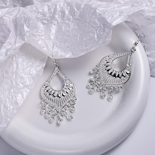 Silver Boho Chandelier Earrings – Intricate Silver Bohemian Earrings with Filigree and Tassel Earrings for Women Trendy4