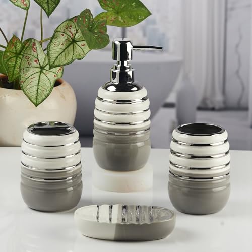 Image of SaSaSa Ceramic Bathroom Accessories Set of 4 Modern Bath Set with Soap Dispenser & Toothbrush Holder, Luxury Home & Gift Idea (11423)
