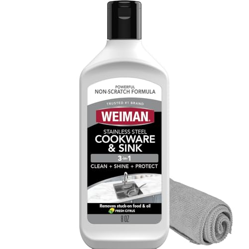 Weiman Stainless Steel Sink and Cookware Cleaner and Polish with Microfiber Cloth - 8 Ounce