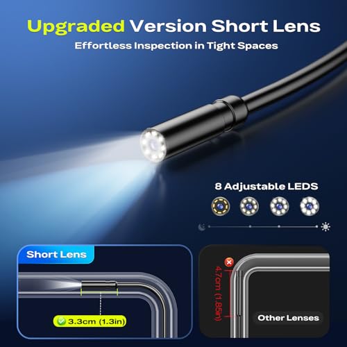 Image of Endoscope Borescope Camera with Light, 4.3 inch IPS 1920P HD Inspection Camera | AukonVee IP67 Waterproof 7.9mm Probe, 8 Adjustable LEDs, 50ft Semi-Rigid Snake Cable for Pipe, HVAC, Automotive & Sewer