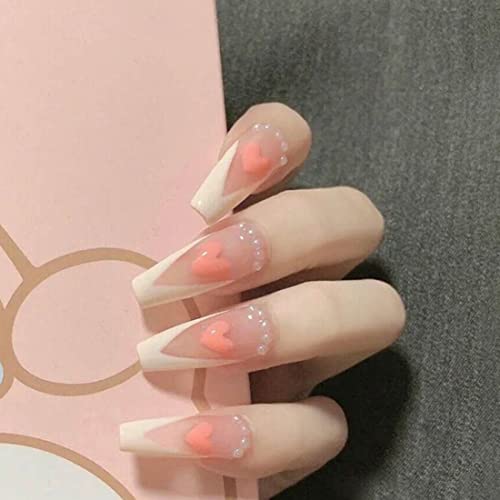 SINLOV 24 cercueils faux ongles imprimés sur faux ongles cristaux longs danseurs faux ongles femmes et filles ensemble complet de faux ongles (Coeur) Cover