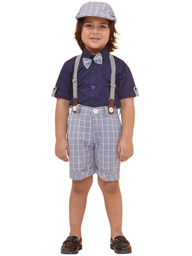 Image of AJ DEZINES Kids Clothing Cotton Blend Checkered Printed Shirt Shorts With Cap and Suspenders Set for Boys