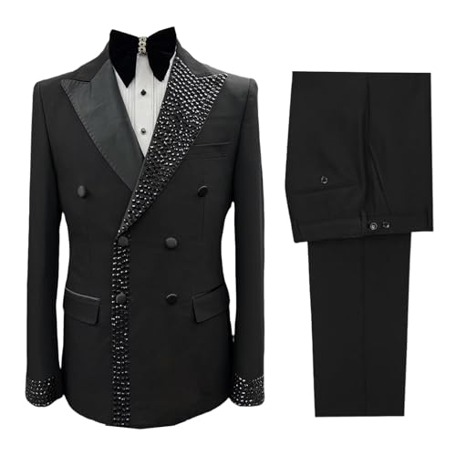 Men's Beads Suit 2 Piece with Rhinestone Slim Fit Peak Lapel Blazer Jacket Pants Set for Prom, Party, Dinner