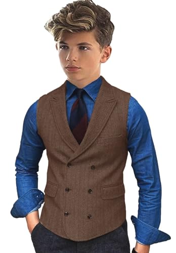 Boys Suit Vest Herringbone Tweed Kids Costume Vest V Neck Formal Waistcoat for Boy Wedding Outfit