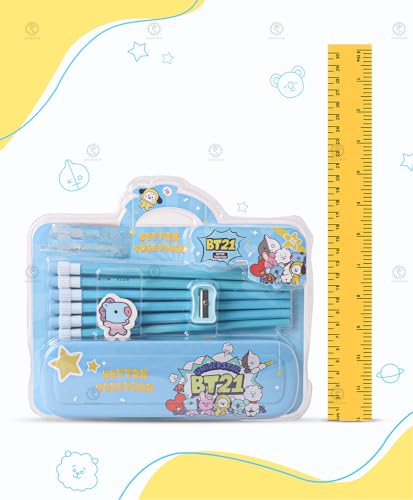 Image of SHAKTISM Beautiful Stationery Set with Pencil, Eraser, Pencil Box, Sharpener, Combo School Stationery Set for Kids - 9pcs (BTS-Blue)
