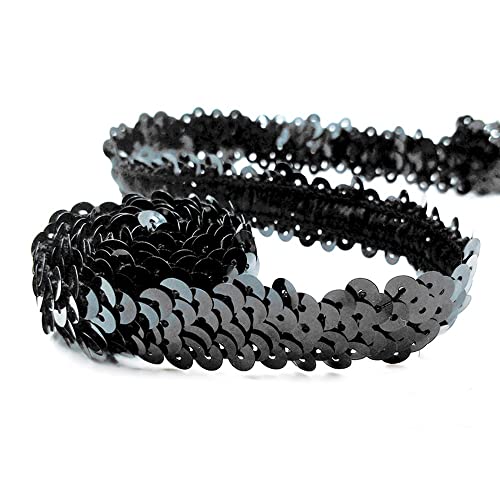 CNFQ 10 yards Elastisches glänzendes Paillettenband Applikation für Hochzeit Kostüm Brautschmuck PVC (Schwarz)