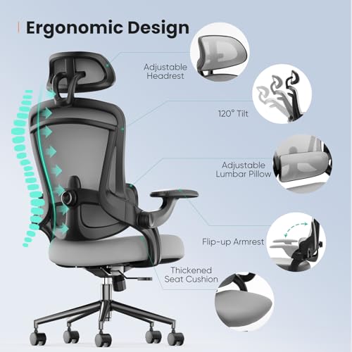 Sweetcrispy Ergonomic Mesh Office Chair, High Back with 2D Headrest, Up&Down Lumbar Support, Swivel Computer Task Desk Chairs with Adjustable Flip-up Armrests,Grey