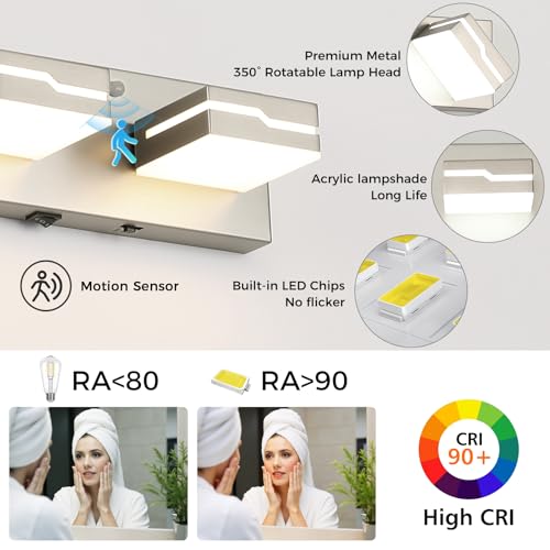 Image of 5-Light LED Bathroom Vanity Light, 32-Inch Brushed Nickel | Vanity Light Fixture with Wireless Motion Sensor, 3CCT Dimmable Lighting Over Mirror, Adjustable Acrylic Heads