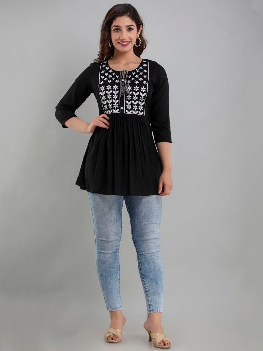 Image of Avayayat Women's Rayon Classic Heavy Embroidery Top with Beautifull Tassels at Front and on Both Sleeves Regular Fit Office Wear Festival Tunic Jeans Summer