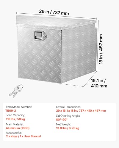 Image of VEVOR Trailer Tongue Box, Heavy Duty Trailer Tongue Tool Box Storage Organizer with Lock & Keys, Utility Tool Chest for Pickup Truck Bed, RV, SUV, Off-Road Vehicle, Aluminum, 29 inch x 16.1 inch x 18 inch, Silver