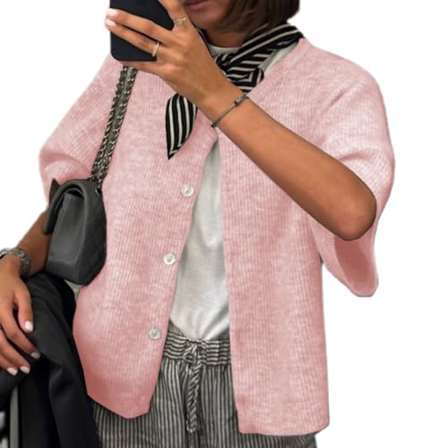 Image of Women Y2K Knit Cardigan Short Sleeve Crewneck Solid Color Button Down Tops Casual Going Out Sweater Streetwear