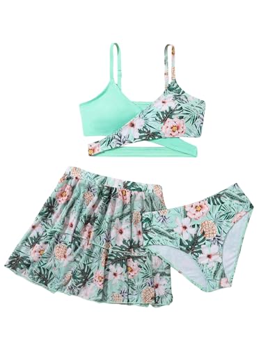 SweatyRocks Girl's Tropical Print Criss Cross Wrap Bikini Swimsuit with Beach Skirt Casual 3 Piece Bathing Suit