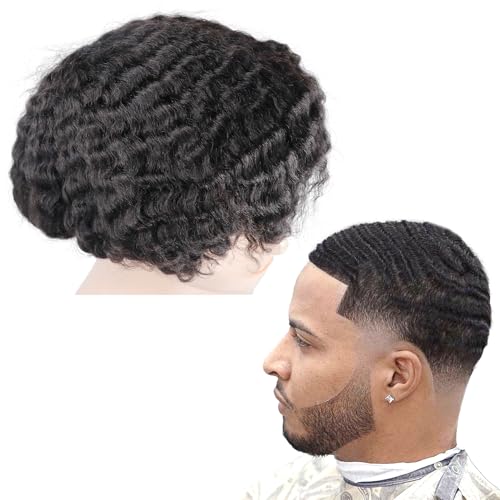 lumeng Mens Afro Toupee Translucent French Lace Man Wave Unit 1B# Off Black Mens Wig 10MM Wave 360...