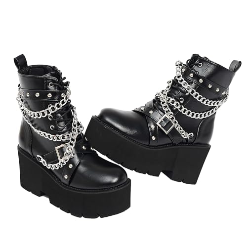 Women's Fashion Goth Boots,Black Chunky Platform Combat Ankle Booties Zipper Punk Boots Mid Calf Boots for Women